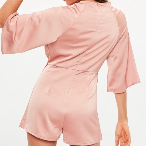 Missguided Front Tie Kimono Sleeve Faux Silk Blush Pink Playsuit Romper Size 4 - Picture 2 of 16